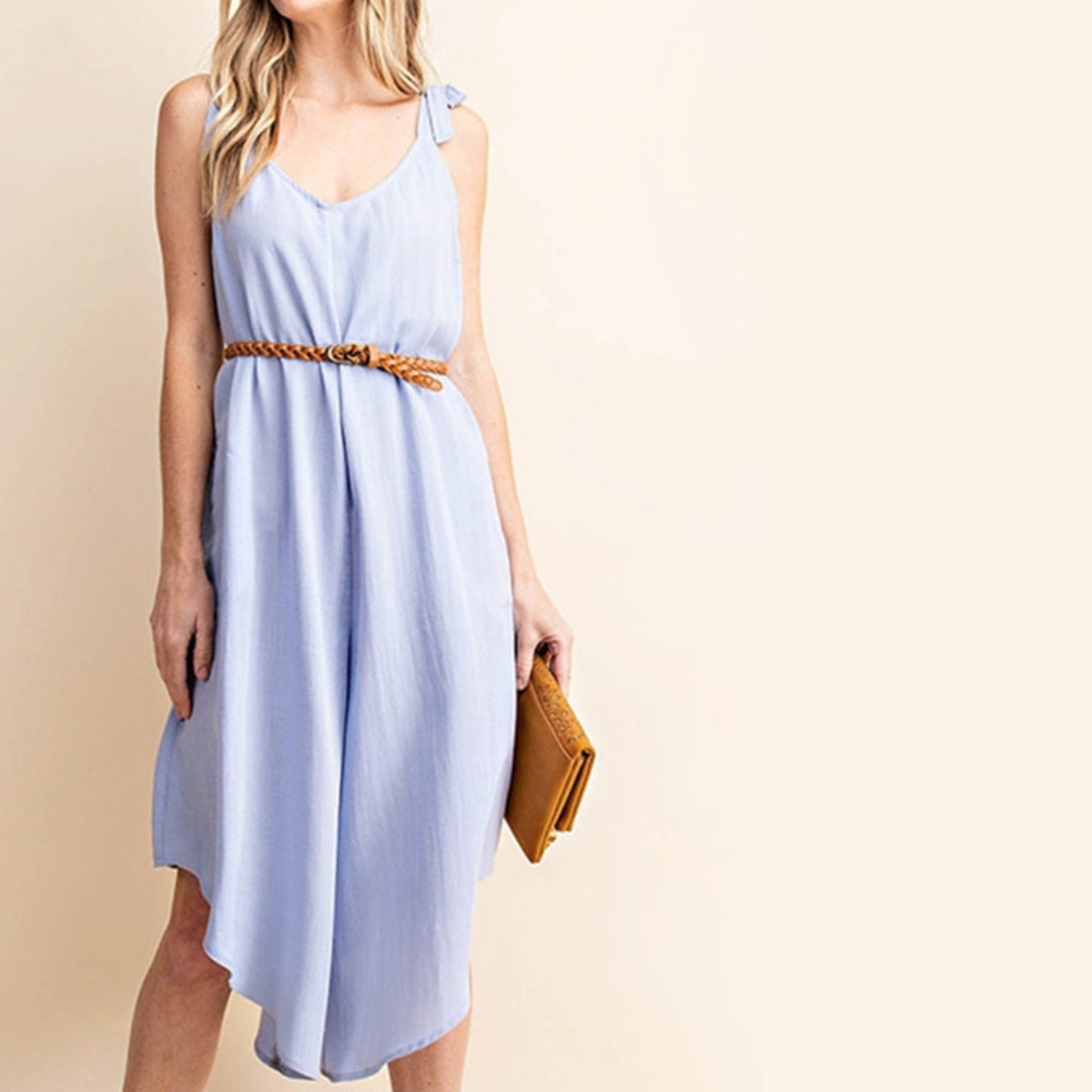 Coastal Blue Easy-flowing Silk Blend Cropped Wide Leg Jumpsuit - Picture 3 of 5
